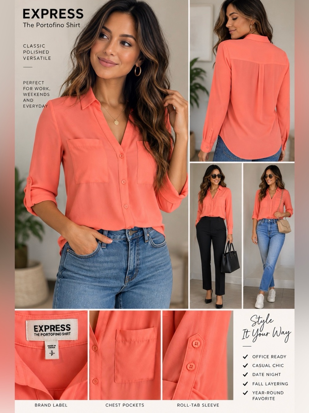 Express The Portofino Shirt Coral Pink Roll-Tab Blouse Size S/P